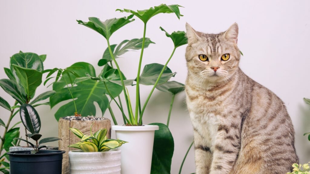 Cat with safe non-toxic plants