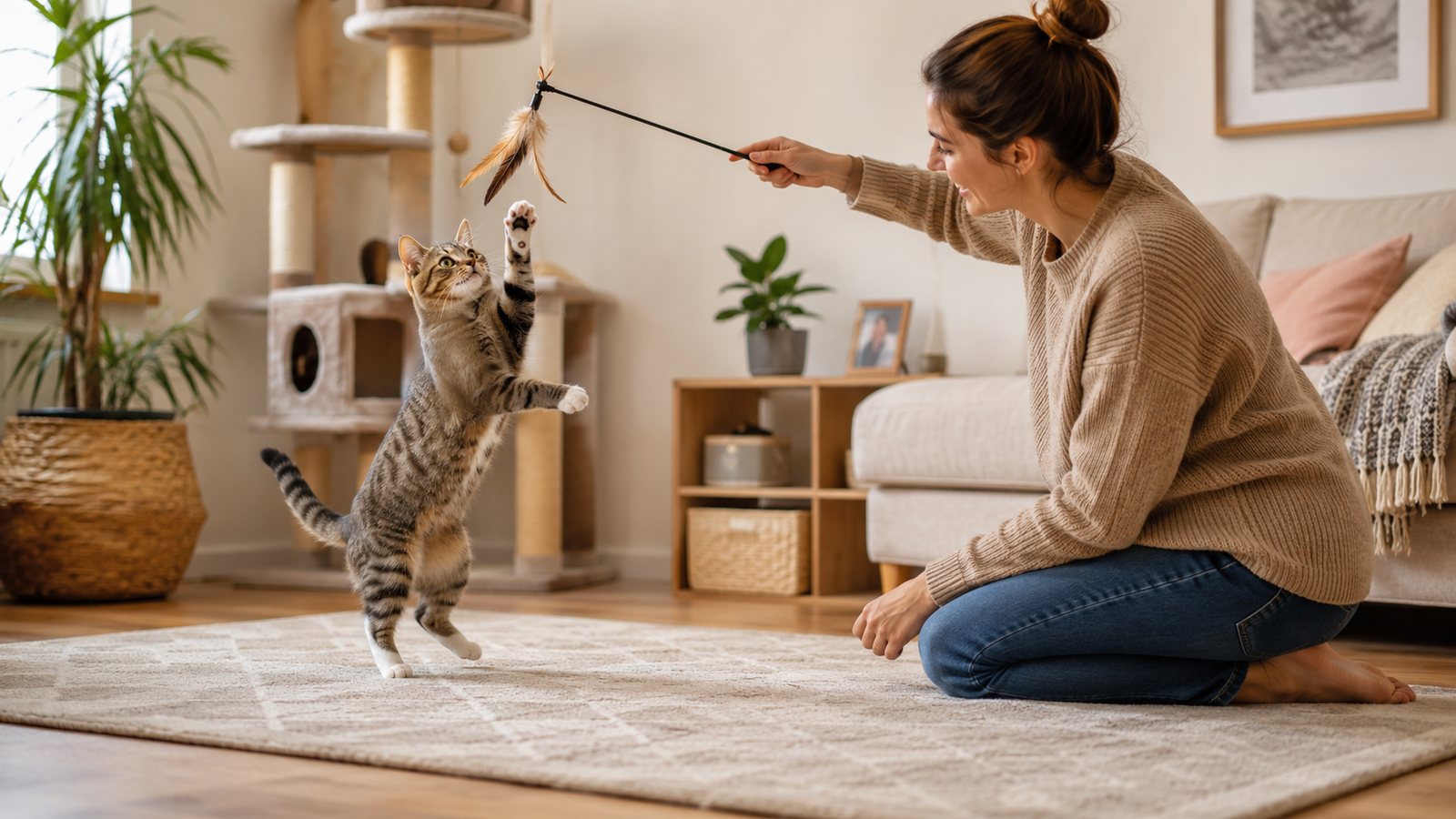 Person playing with cat and wand toy.